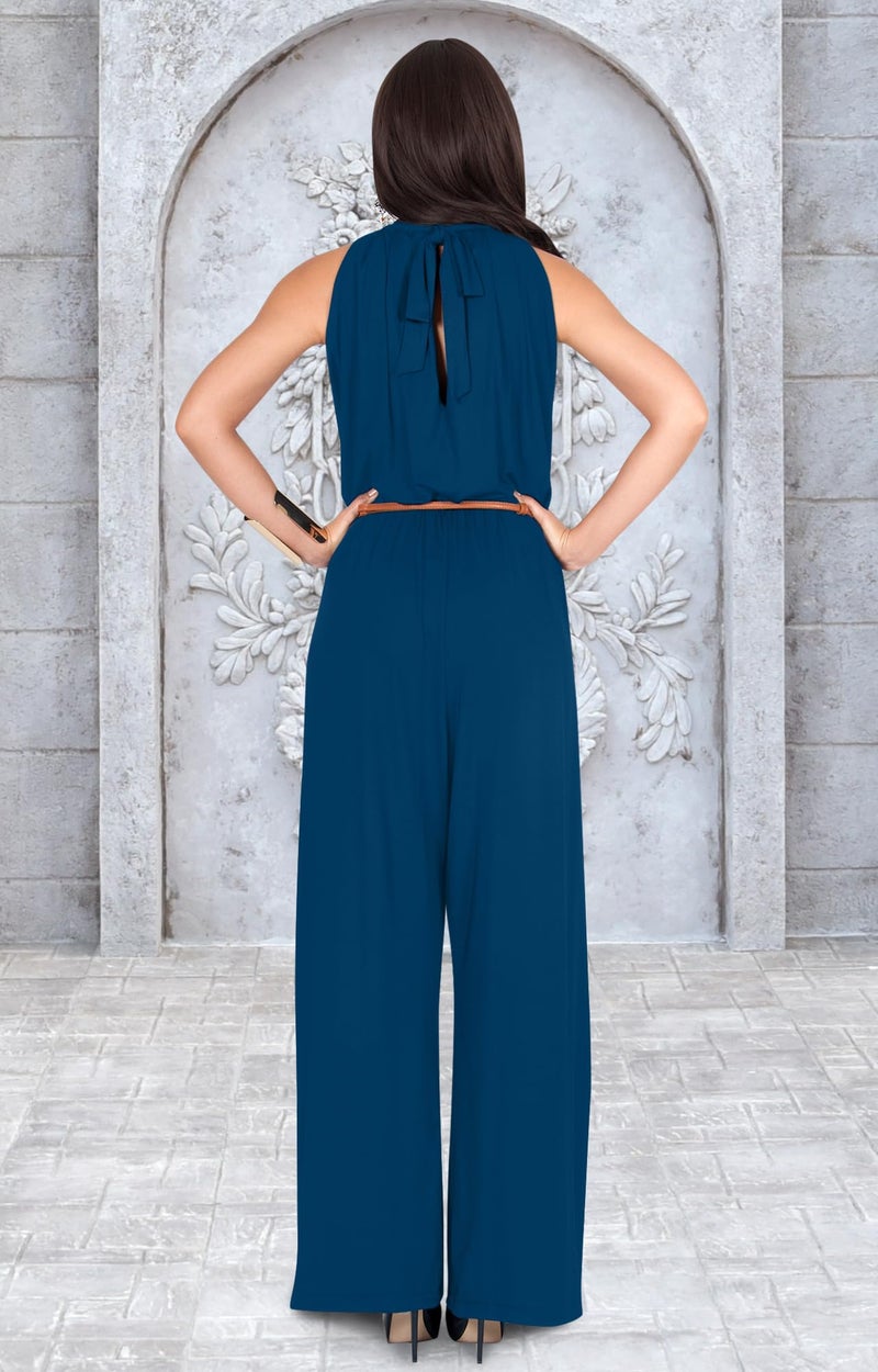 KOH KOH Plus Size Womens Sexy Sleeveless Halter-neck Wide Leg Pants Cocktail Overall Long Work Day Suit Pant Suits Pantsuit Playsuit Jumpsuit Jumpsuits Romper Rompers, Capri Blue XL 14-16 - Image 5